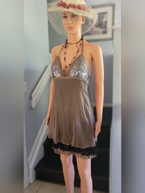 Cocktail Sequin Bust Slip Dress in Taupe